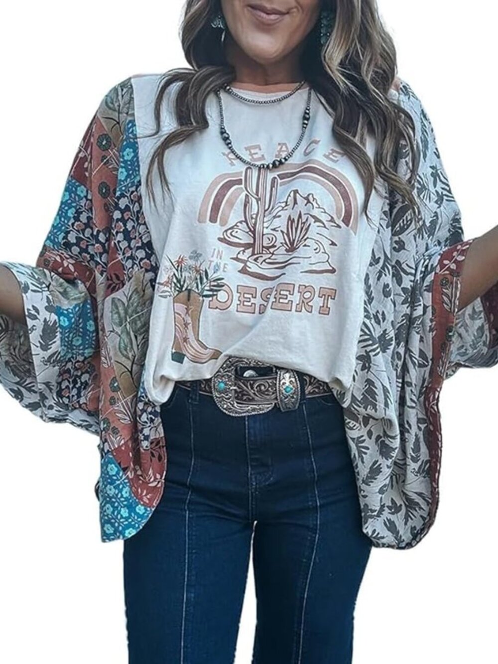 Graphic Tees for Women Boho 3/4 Dolman Sleeve Tops Floral Print Ponchos Crewneck